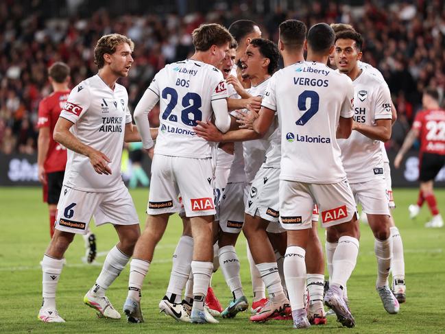 Kasey Bos and the Victory celebrate a goal. Picture: Getty Images
