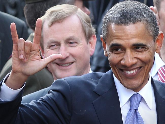 President Barack Obama gestures after speaking in College Green as Irish Prime Minister Enda Kenny looks on on May 23, 2011 in Dublin, Ireland. Picture: Peter Macdiarmid/Getty Images