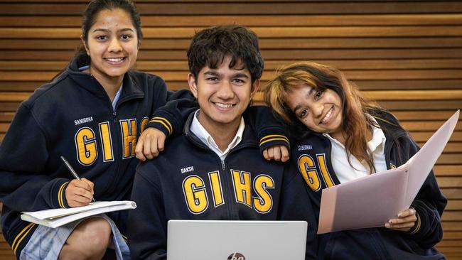 Triplets Sanigdha, Daksh and Subedhaa Bansal all completing Year 12 at Glenunga International High School. Picture: Kelly Barnes Photo