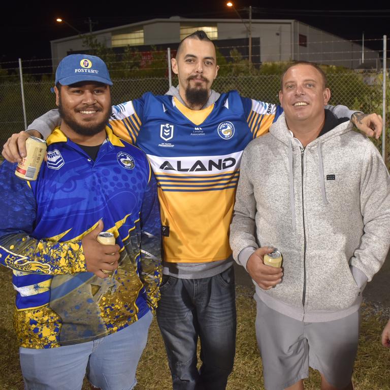 (From left) Eddie Foster, Corey Smith, and Brett Henderson at the Sydney Roosters v Parramatta Eels game at BB Print Stadium in Mackay, July 29, 2021. Picture: Matthew Forrest