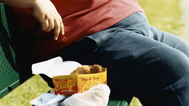 25/07/2011 NEWS: Mid-section of an overweight man sitting on a park bench with take-away food. Obese generic. Fat. Junk food. thinkstock Pic. Supplied