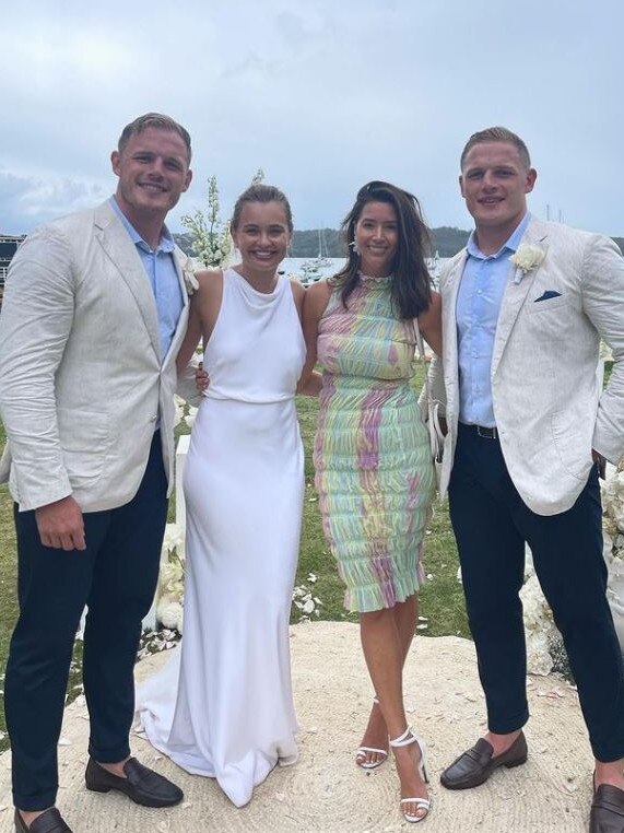 St George Illawarra NRL player George Burgess with wife Joanna at the wedding of brother Tom and his wife Tahlia.