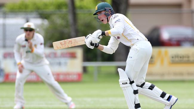 Joe Weatherley punches one through the leg-side for Woodville. Picture: Stephen Laffer