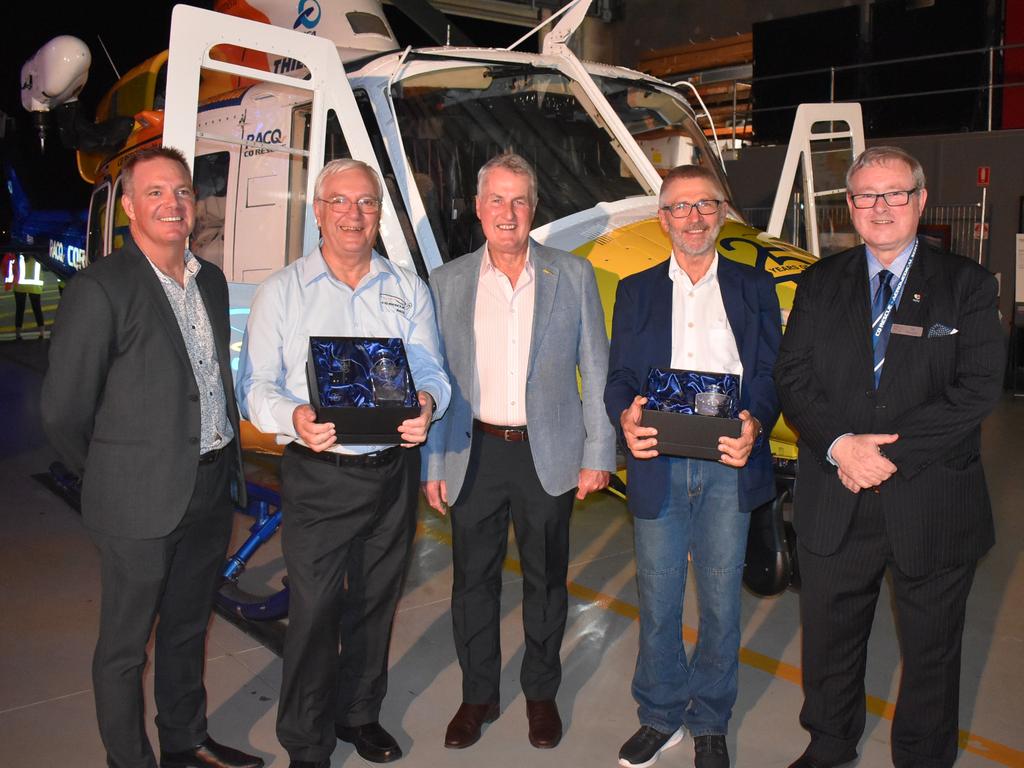 RACQ CQ Rescue board chairman Chris Wright, director Dr Peter Bastable, director and Mackay mayor Greg Williamson, director Dr Bert Sadleir and chief executive officer Ian Rowan at RACQ CQ Rescue's silver jubilee celebrations on Friday, April 9, 2021. Picture: Tara Miko