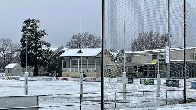 The Omeo football ground was blanketed in snow just days before the Omeo and District Football-Netball League grand final.