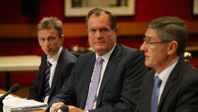 Tax Commissioner Chris Jordan fronting a Senate inquiry into corporate tax avoidance along with ATO Deputy Commissioner Mark Konza and ATO Deputy Commissioner. Jeremy Hirschhorn. Picture: Tim Hunter.