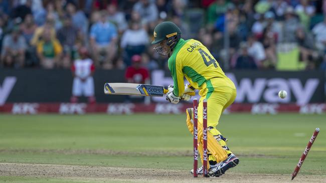 Australia's batsman Alex Carey failed to make an impact after being promoted up the batting order. Picture: AP Photo/Themba Hadebe