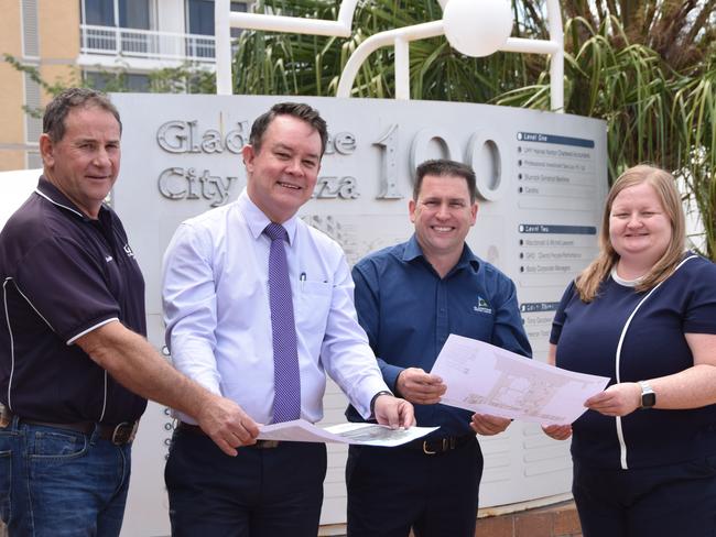 Gladstone City Plaza will undergo redevelopment over the next six months. Pictured: Geordie Lawrie from G&D Lawrie Builders, Steve Marsten from Gladstone City Plaza Body Corporate, Gladstone Region Mayor Matt Burnett and Amanda Smedley from GHD Project Managers.