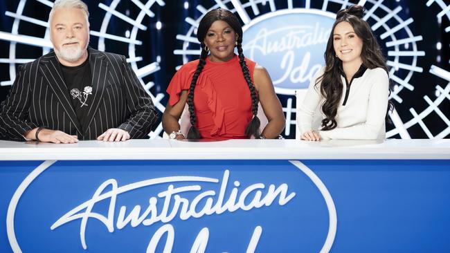 Daunting behind the desk: Australian Idol Judges, Kyle Sandilands, Marcia Hines and Amy Shark. Picture: Channel 7.