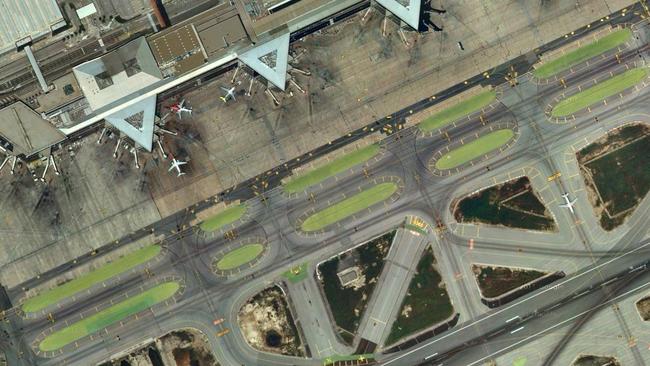 The patterns of Barcelona-El Prat Airport in Spain from above. Picture: Lauren O’Neil