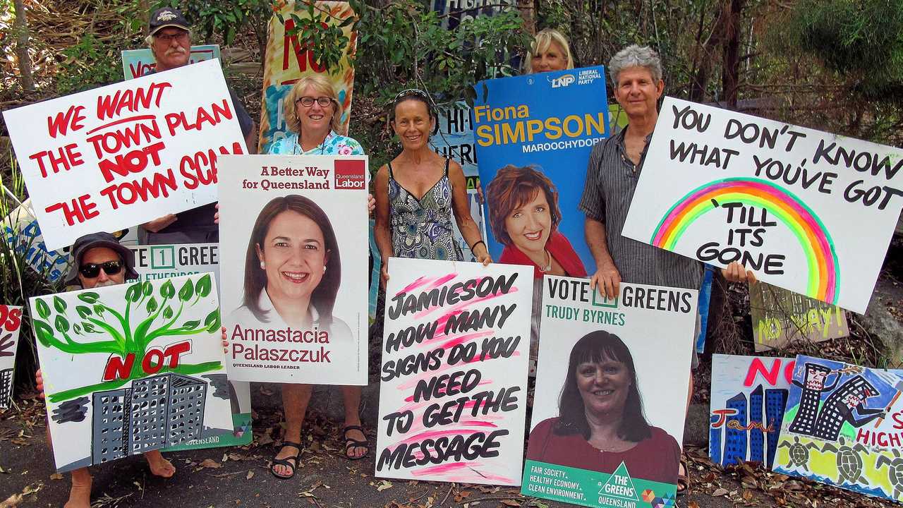 Protesters will recycle the signs donated by local state election candidates to protest about Sekisui's  proposed development at Yaroomba.Photo Contributed. Picture: Contributed