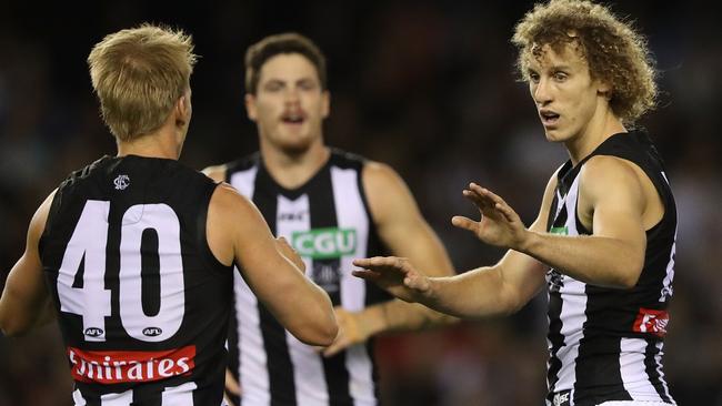 Chris Mayne celebrates his first goal in Collingwood colours. Picture: Getty