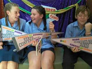 WONDERS: Annabel Flower, Tamarlia Storch and Edward Schefe celebrate their success at the University of Queensland Wonder of Science competition. Picture: Jo RIckerts