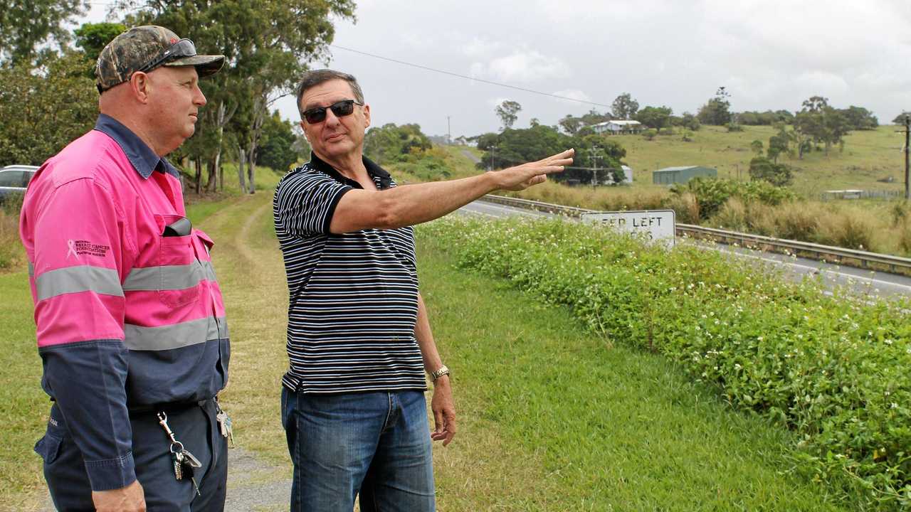 Ricky Barnes and Clive Desbois, whose properties have been affected by ring road resumptions. Picture: Luke Mortimer