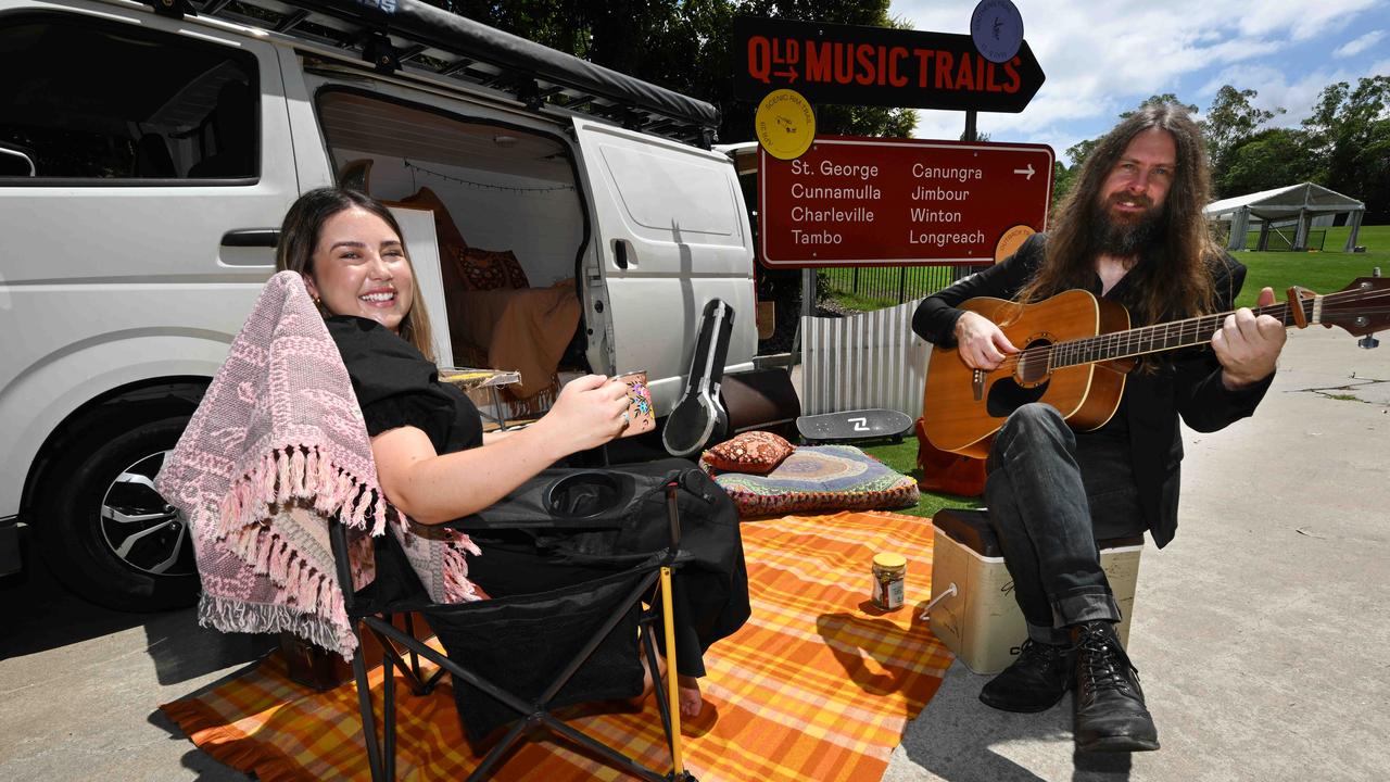 31/01/2023: musicians Jem Cassar-Daley and Karl S. Williams at the launch of the Queensland Music Trails at River Stage, Brisbane. Pic Lyndon Mechielsen/Courier Mail