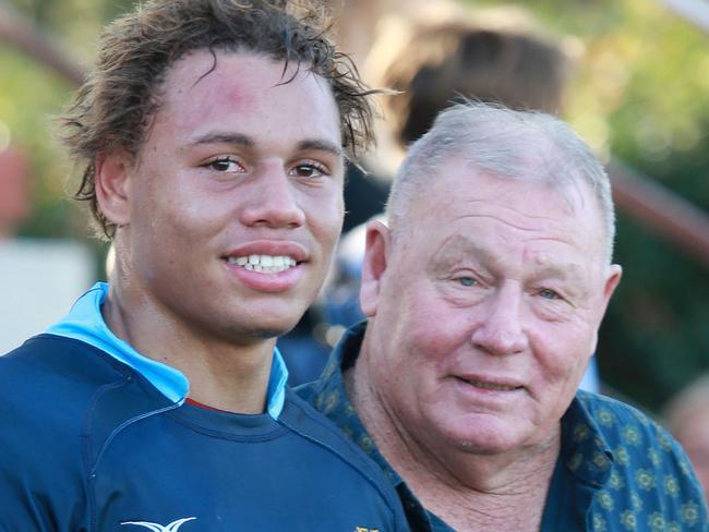 Dennis Waight with his son Dennis Waight (same name) at the GPS School Rugby Churchie vs Brisbane Grammar at Churchie fields, East Brisbane, Saturday August 4, 2018. (AAP/Image Sarah Marshall)