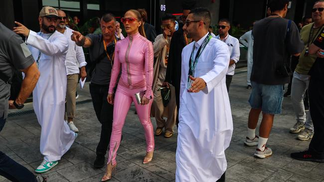 Jennifer Lopez walks in the paddock as a guest of Ferrari during qualifying. Photo by Kym Illman/Getty Images.