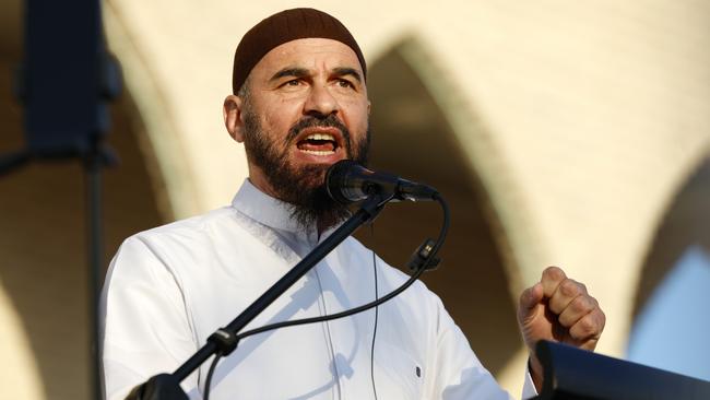 Sheikh Wesam Charkawi speaking at the United Community Rally for Palestine and Lebanon being held at the Lakemba Mosque. Picture: Jonathan Ng