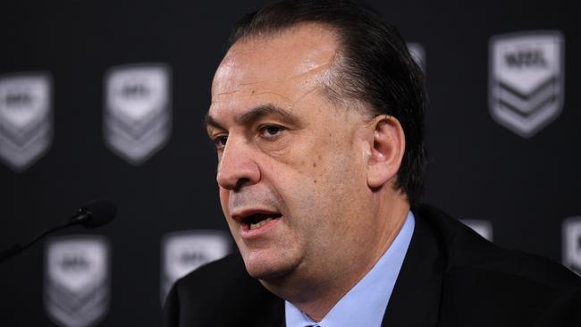 ARLC Chairman Peter V'landys speaks to the media in Sydney, Sunday, March 15, 2020. (AAP Image/Joel Carrett)