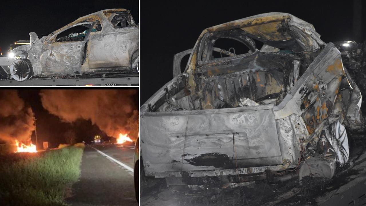 A truck and ute were involved in a fiery crash on the Bruce Highway north of Koumala on February 4, 2022. Picture: Lillian Watkins/Contributed