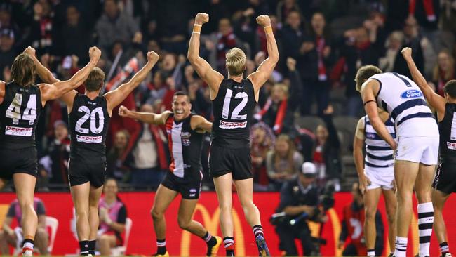 St Kilda players celebrate the win over Geelong.