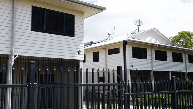 New staff accommodation for Aurukun school teachers have been built near the police station and heavily fortified, with 7 foot steel fencing surrounding the compound and security guards patrolling the grounds 24 hours a day. Picture: Brendan Radke