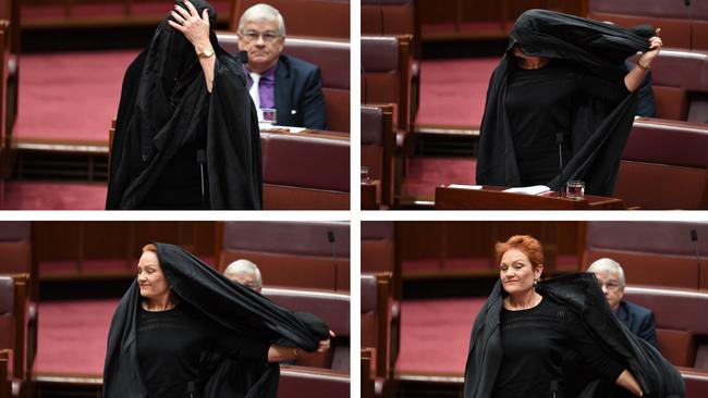 Senator Pauline Hanson’s burqa stunt had the opposite effect to what she intended. Picture: AAP Image/Lukas Coch