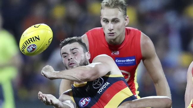 AFL - Adelaide Crows v Gold Coast Suns at Adelaide Oval. Brad Crouch in the thick of it. Picture SARAH REED