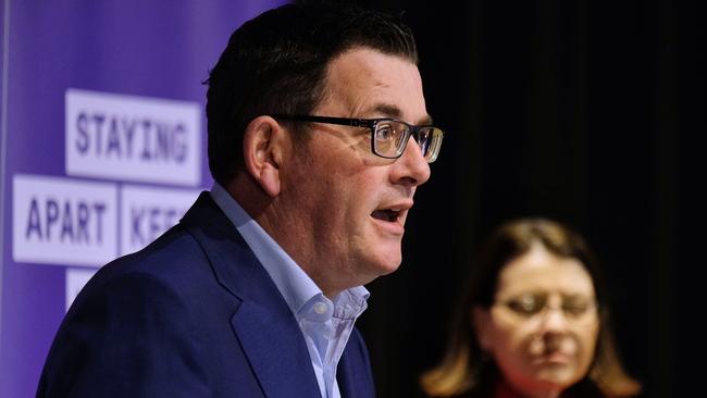 Premier Daniel Andrews and Health Minister Jenny Mikakos address media at Treasury Theatre in Melbourne on Saturday. Picture: AAP