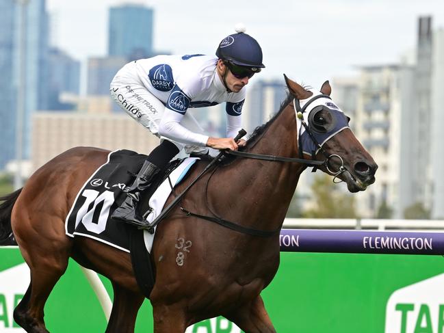 MELBOURNE, AUSTRALIA - MARCH 25: Jordan Childs riding Goldman winning Race 5, the Lexus Roy Higgins, during Melbourne Racing at Flemington Racecourse on March 25, 2023 in Melbourne, Australia. (Photo by Vince Caligiuri/Getty Images)