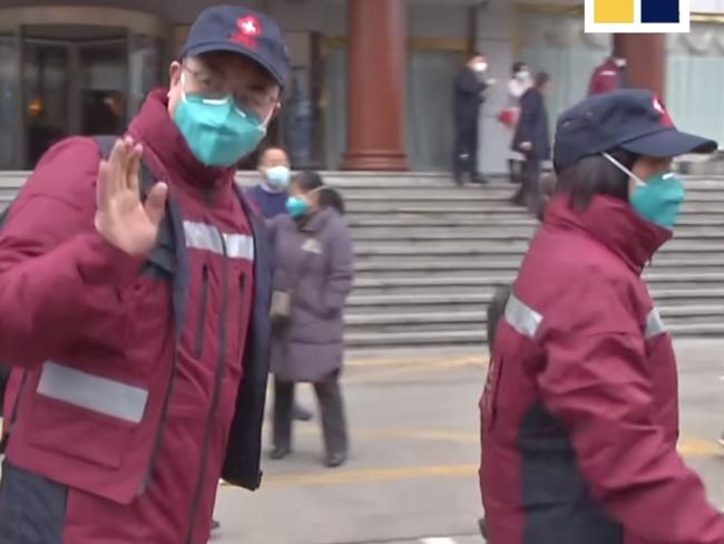 Medical workers farewelled to work on coronavirus patients in China. Picture: CCTV