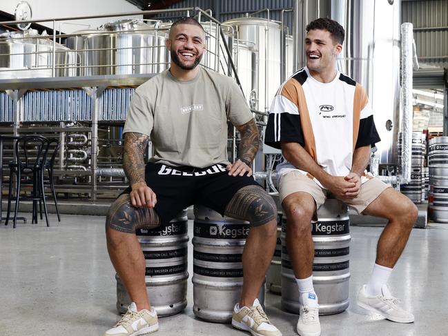 Boxer Tyson Pedro and business partner Nathan Cleary at their Drink West Brewery in Penrith. Picture: Richard Dobson