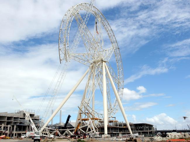 Melbourne Eye wheel under construction at Docklands in 2012. The observation wheel became operational in 2013. Picture: HWT Library.