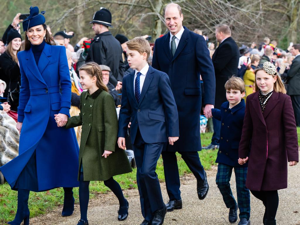 Catherine, Princess Charlotte, Prince George, William, Prince Louis and Mia Tindall during Christmas Morning Service at Sandringham Church last Christmas Day. Picture: WireImage