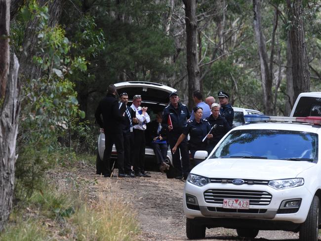 Police at the scene near where a decomposed body has been found in the Macedon Regional Park. Picture: Kylie Else