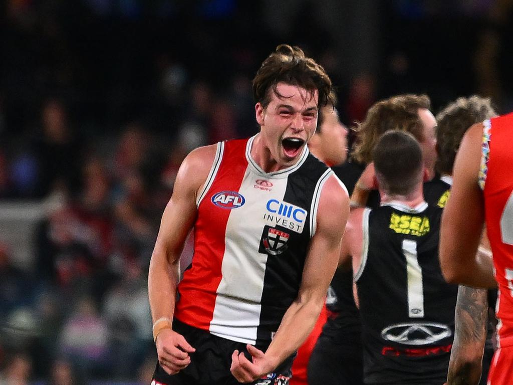 Mattaes Phillipou celebrate on the final siren. Picture: Morgan Hancock/AFL Photos/via Getty Images.