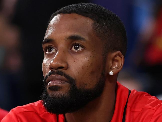 PERTH, AUSTRALIA - OCTOBER 25: Bryce Cotton of the Wildcats looks on from the bench as players warm up during the round six NBL match between Perth Wildcats and Sydney Kings at RAC Arena, on October 25, 2024, in Perth, Australia. (Photo by Paul Kane/Getty Images)