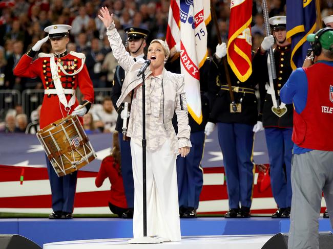 Pink performs the National Anthem during the Super Bowl LII Pregame show at U.S. Bank Stadium on February 4, 2018 in Minneapolis, Minnesota. Picture: Getty