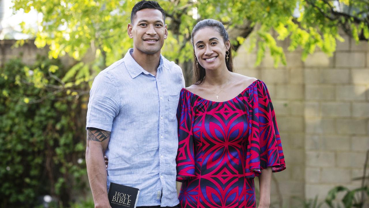 Israel Folau with his wife Maria Folau at Kenthurst Uniting Church after a Sunday service. Hollie Adams/The Australian