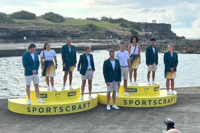 The Australian Olympic uniforms designed by Sportscraft, unveiled at Sydney's Clovelly Beach on April 17, 2024. Image credit: supplied