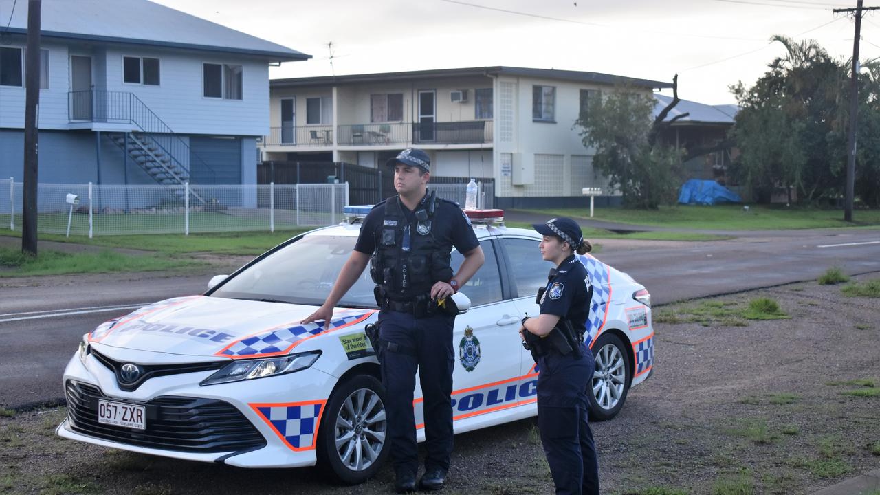 Officers guard the skate park on the corner of McIlwraith and Davidson streets on Monday morning following the fatal stabbing of a 20-year-old man in Ingham late on Sunday night. Photograph: Cameron Bates