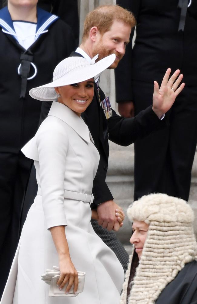 Meghan Markle and Prince Harry, pictured here arriving at St Paul’s Cathedral on Friday, reportedly left the UK before the end of the Platinum Jubilee celebrations. Picture: Getty Images