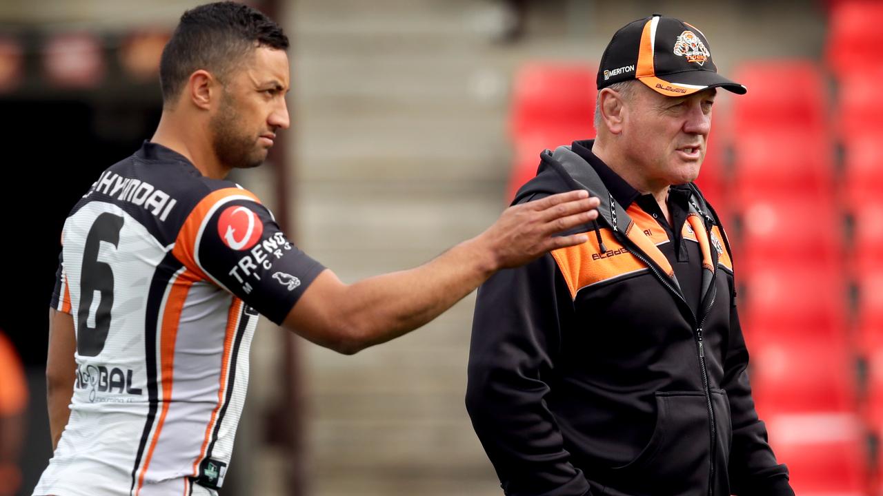 Rugby League - Wests Tigers Training at Concord Oval .Benji Marshall with coach Tim Sheens . Pic Gregg Porteous