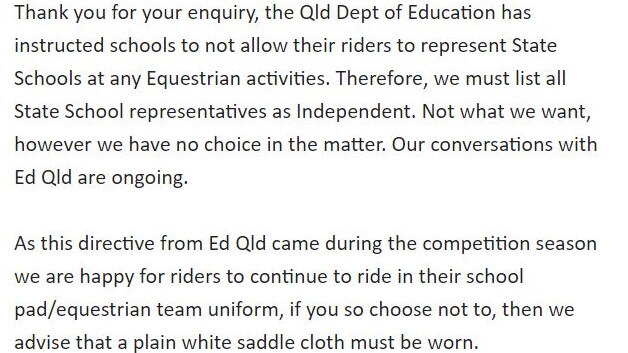 Email response from Equestrian Queensland. Picture: Supplied