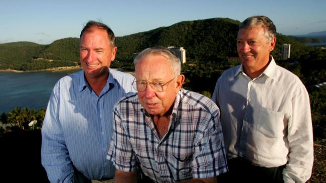 Sandy, Bob and Ian Oatley at Hamilton Island, which is reportedly up for sale.