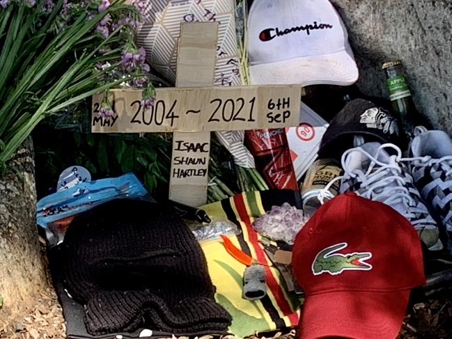 A memorial was erected by friends and family of 17-year-old Isaac Hartley at the top of Banyan Hill in Ballina. Picture: Javier Encalada