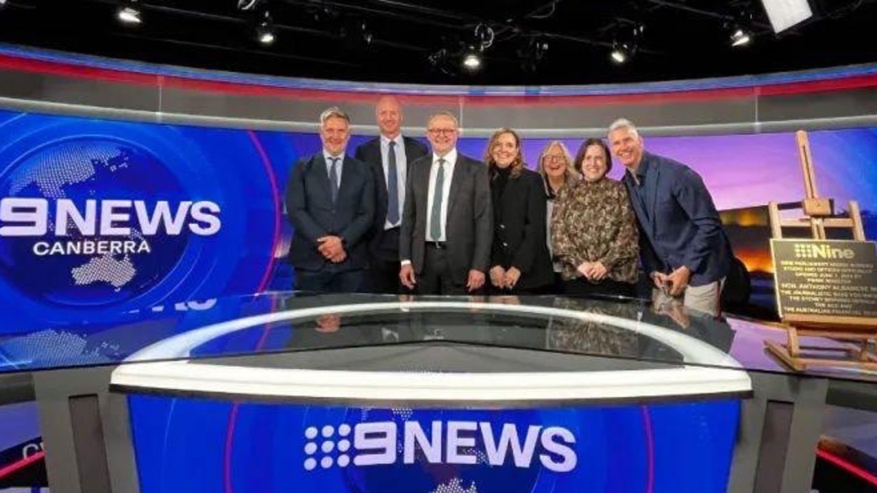 PM Anthony Albanese with Head of News &amp; Current Affairs Fiona Dear, Director of Television Michael Healy, Sydney News Director Simon Hobbs, Melbourne News Director Hugh Nailon and former Director of Communications Victoria Buchan. Source: Supplied