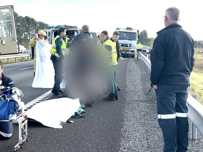 The Sunshine Coast-based RACQ LifeFlight Rescue helicopter crew has airlifted after a car collided with the back of her motorcycle on the Bruce Highway, causing her to lose control and crash. The pilot and Aircrew Officer were able to land the helicopter on a stretch of highway that had been closed by police. The LifeFlight aeromedical crew worked alongside Queensland Ambulance Service (QAS) paramedics to treat the patient for multiple injuries and prepare her for transport. The woman, aged in her 50s, was flown to Royal Brisbane and Women's Hospital for further treatment.