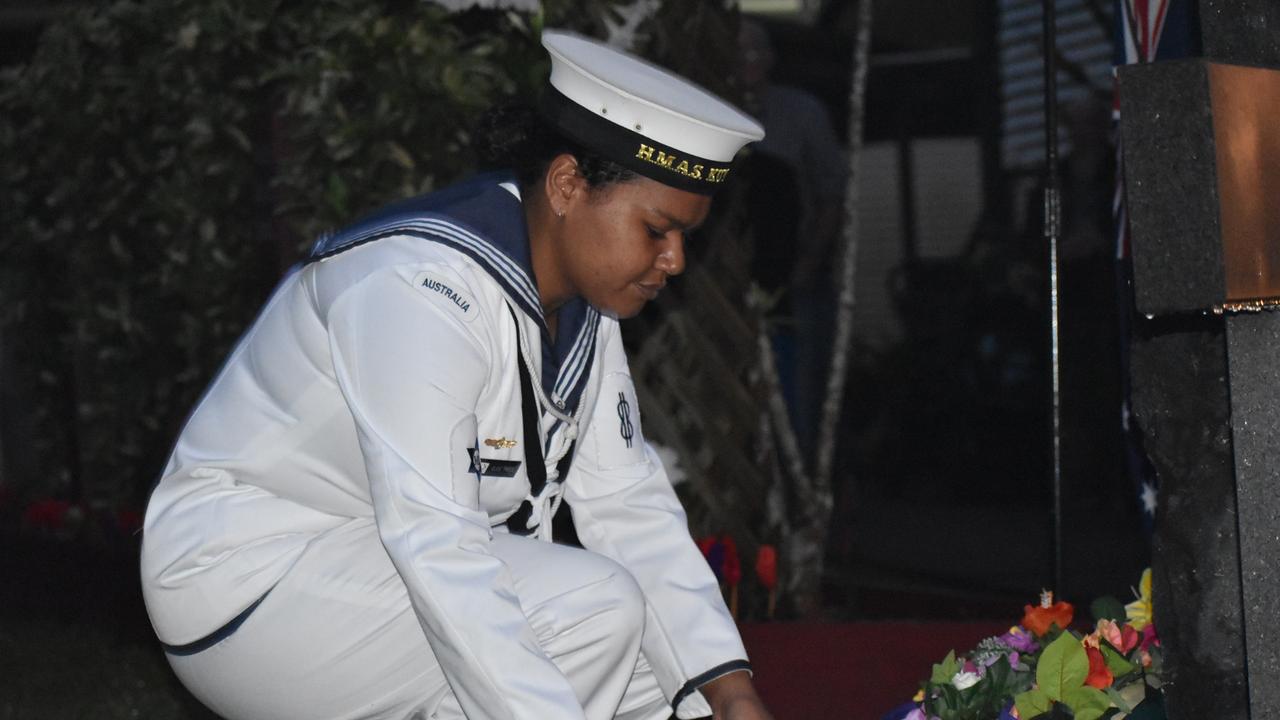 An Australian Navy representative laying a wreath at the Kuttabul dawn service at the Hampden State School Remembrance Garden 2021. Picture: Lillian Watkins