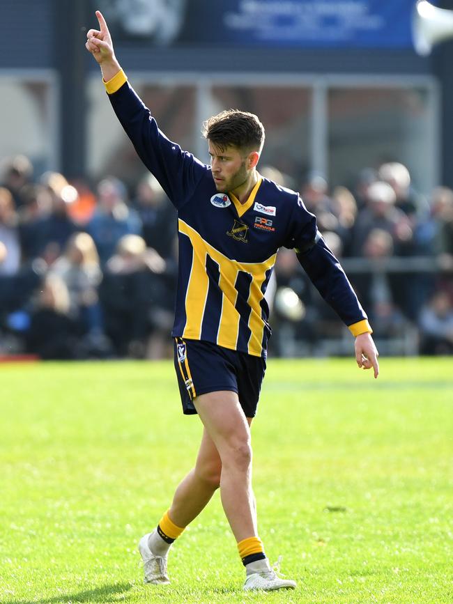 Cam McRorie celebrates a goal for Rupertswood.